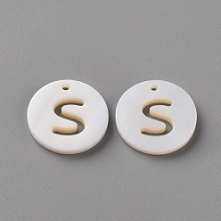 Letter S Natural Freshwater Shell Pendants, Flat Round with Letter, Letter.S, 12x1.5mm, Hole: 1mm