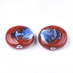 Rouge Perles en porcelaine manuelles, fantaisie porcelaine émaillée antique, plat rond, rouge, 23~24x24~27x9~10mm, Trou: 3mm