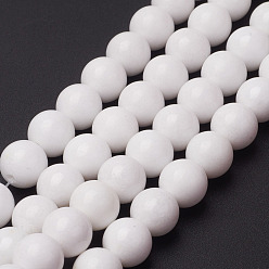 Blanc Brins de perles de jade mashan naturelles , teints et chauffée, ronde, blanc, 6mm, Trou: 1mm, Environ 66 pcs/chapelet, 16 pouce