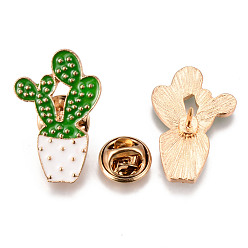 Green Alloy Enamel Brooches, Enamel Pin, with Brass Butterfly Clutches, Cactus, Light Gold, Cadmium Free & Nickel Free & Lead Free, Green, 28.5x19x2mm, Pin: 1mm