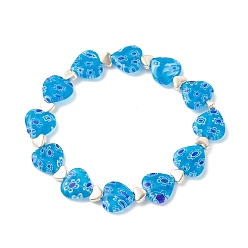 Bleu Ciel Foncé Bracelet extensible fait main millefiori au chalumeau et perles de coeur en alliage, bracelet fleur pour femme, bleu profond du ciel, diamètre intérieur: 1-7/8 pouce (4.8 cm)