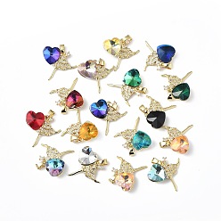 Mixed Color Real 18K Gold Plated Rack Plating Brass Micro Pave Clear Cubic Zirconia Pendants, with Glass, Long-Lasting Plated, Cadmium Free & Lead Free, Dancer with Heart Charm, Mixed Color, 23x24.5x8.2mm, Hole: 5x3.2mm