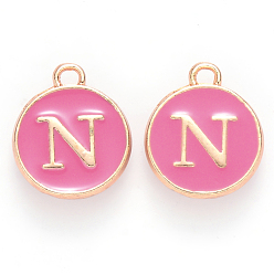 Letter N Golden Plated Alloy Enamel Charms, Cadmium Free & Lead Free, Enamelled Sequins, Flat Round with Letter, Camellia, Letter.N, 14x12x2mm, Hole: 1.5mm