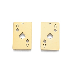 Real 18K Gold Plated Ion Plating(IP) 201 Stainless Steel Pendant,  Playing Cards Charms, Ace of Spades, Real 18K Gold Plated, 28x18x1.5mm, Hole: 1.5mm