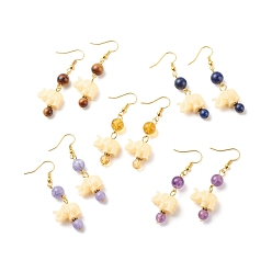 Golden Natural Gemstone & Resin Elephant Dangle Earrings, 316 Surgical Stainless Steel Jewelry for Women, Golden, 50~52mm, Pin: 0.6mm