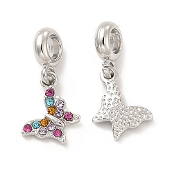 Colorful Rack Plating Alloy Rhinestone European Dangle Charms, Large Hole Charms, Butterfly, Platinum, Colorful, 25~26.5mm, Butterfly: 15~16x9.5~12.5x2.5mm, Hole: 4.5~5mm