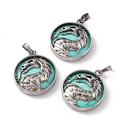 Synthetic Turquoise Synthetic Turquoise Pendants, Flat Round Charms with Rack Plating Antique Silver Tone Brass Dragon, Cadmium Free & Lead Free, 32x28x7.5mm, Hole: 8.5x5mm