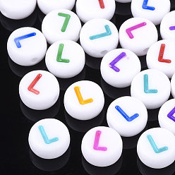 Letter L Initial Acrylic Beads, Horizontal Hole, Flat Round, Mixed Color, Letter.L, 7x3.5~4mm, Hole: 1.2mm, about 3700pcs/500g