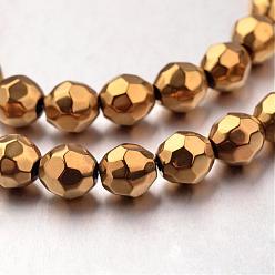 Golden Plated Electroplate Non-magnetic Synthetic Hematite Bead Strands, Faceted, Round, Golden Plated, 8x8mm, Hole: 1mm, about 49pcs/strand, 15.7 inch