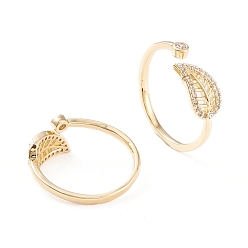 Настоящее золото 18K Латунные кольца из манжеты с прозрачным цирконием, открытые кольца, долговечный, лист, реальный 18 k позолоченный, размер США 7 1/4 (17.5 мм)