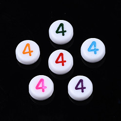 Number Perles acryliques opaques blanches, rond plat avec numéro de couleur mixte, num. 4, 7x3.5mm, Trou: 1.2mm, environ3800 pcs / 500 g