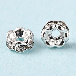 Argent Séparateurs perles en verre avec strass en laiton, bord ondulé, cristal, sans nickel, argenterie, 4x2mm, Trou: 1mm