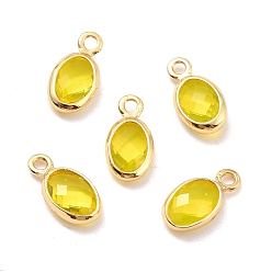 Yellow Eco-Friendly Brass with Glass Pendants,  Long-Lasting Plated, Lead Free & Cadmium Free & Nickel Free, Oval, Real 18K Gold Plated, Yellow, 9x4.5x2mm, Hole: 1.2mm