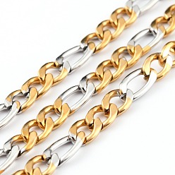 Oro & Acero Inoxidable Color 304 cadenas figaro acero inoxidable, con carrete, sin soldar, acero color oro y acero, 6x4x1.5 mm, 8x4x1.5 mm, 32.8 pies (10 m) / rollo