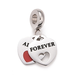 Stainless Steel Color 304 Stainless Steel European Dangle Charms, Large Hole Pendants, with Black & Red Enamel, Heart with Word Forever, Stainless Steel Color, 25mm, Hole: 4mm, Heart: 13.5x12x1.5mm