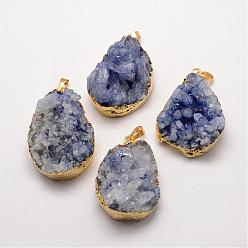 Bleu Ardoise Élastique des pendentifs en cristal de quartz naturel druzy, teint, or plaqué avec constatation en laiton, goutte , bleu ardoise, 32~62x20~35x16~29mm, Trou: 5x8.5mm