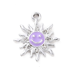 Lilac Alloy Enamel Pendants, with Crystal Rhinestone, Smiling Sun Charms, Platinum, Lilac, 22.5x19.5x2.5mm, Hole: 2mm