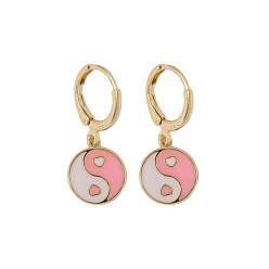Pink Aretes colgantes de aleación de esmalte yin yang, joyas de latón chapado en oro para mujer., rosa, 28x11.5 mm