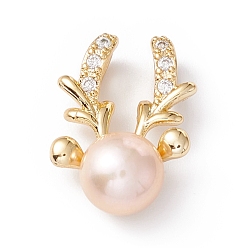 Misty Rose Natural Cultured Freshwater Pearl Pendants, with Brass Micro Pave Cubic Zirconia Findings, Golden, Deer, Misty Rose, 18.5x13x8mm, Hole: 4x2mm
