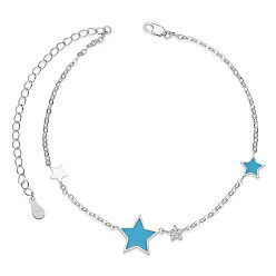 Sky Blue SHEGRACE 925 Sterling Silver Link Anklets, with Grade AAA Cubic Zirconia and Epoxy Resin, Star, Sky Blue, 8-1/4 inch(21cm)