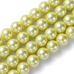 Pale Goldenrod Eco-Friendly Glass Pearl Beads Strands, Grade A, Round, Dyed, Cotton Cord Threaded, Pale Goldenrod, 14mm, Hole: 1.2~1.5mm, about 30pcs/strand, 15.7 inch