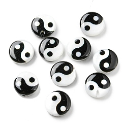 Black Printed Natural Freshwater Shell Beads, Yin Yang Flat Round Beads, Black, 8x2.5~3mm, Hole: 0.8mm