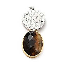 Tiger Eye Faceted Natural Tiger Eye Pendants, with Ion Plating(IP) 304 Stainless Steel Findings, Flat Round & Oval Charms, Golden & Stainless Steel Color, 36.5x16x6mm, Hole: 2.6mm