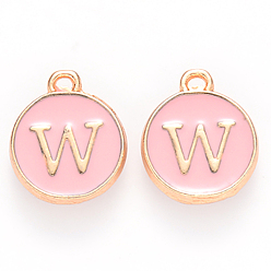 Letter W Golden Plated Alloy Enamel Charms, Cadmium Free & Lead Free, Enamelled Sequins, Flat Round with Letter, Pink, Letter.W, 14x12x2mm, Hole: 1.5mm