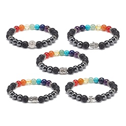 Mixed Stone 5Pcs 5 Style Natural & Synthetic Mixed Gemstone Beaded Stretch Bracelets Set, Alloy Saint Benedict & Hamsa Hand & Elephant & Buddha Head Stackable Bracelets for Women, Inner Diameter: 2-1/4 inch(5.6cm), 1Pc/style