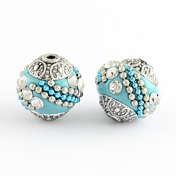 Light Sky Blue Handmade Indonesia Beads, with Crystal Rhinestones and Alloy Cores, Round, Antique Silver, Light Sky Blue, 14~16x14~16mm, Hole: 1.5mm