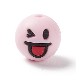 Pink Силиконовые бусины, детские жевательные бусинки для прорезывателей, круглый с улыбающимся лицом, розовые, 15.5 мм, отверстие : 2 мм