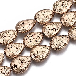 Light Gold Plated Electroplated Natural Lava Rock Bead Strands, Bumpy, Teardrop, Light Gold Plated, 15x11x5mm, Hole: 1.2mm, about 28pcs/strand, 15.75 inch(40cm)