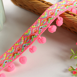 Hot Pink Ethnic Style Polyester Ball Fringe Lace Trim, Garment Accessories, Hot Pink, 1-3/4 inch(45mm), 20 yards/roll