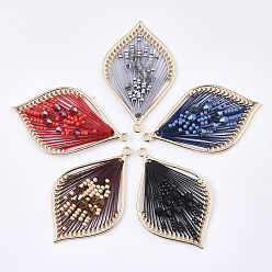 Mixed Color Polyester Thread Woven Big Pendants, with Glass and Golden Plated Alloy Findings, Long-Lasting Plated, Leaf, Mixed Color, 55.5x34x4mm, Hole: 2mm