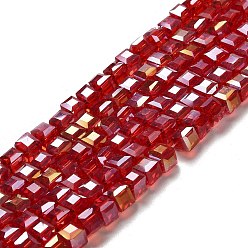 Roja Abalorios de vidrio electrochapa, color de ab chapado, facetados, cubo, rojo, 4x4x4 mm, agujero: 1 mm