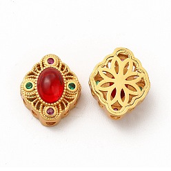 Red Long-Lasting Rack Plating Brass Multi-Strand Links, with Synthetic Ruby in Zoisite, Rhombus with Hollow Flower, Golden, Red, 14x12x6mm, Hole: 2mm