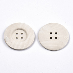 Papaye Gros boutons en bois naturel, 4-trou, large bord, bouton en bois non fini, plat rond, papayawhip, 50~51x5mm, Trou: 4mm