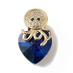 Dark Blue Real 18K Gold Plated Rack Plating Brass Micro Pave Cubic Zirconia Pendants, with Glass, Long-Lasting Plated, Cadmium Free & Lead Free, Octopus & Heart, Dark Blue, 20x11.5x10mm, Hole: 4x4mm