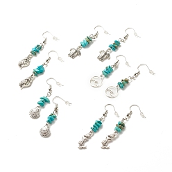 Synthetic Turquoise Synthetic Turquoise Chips Beaded Dangle Earrings, Brass Ocean Theme Long Drop Earrings for Women, Mixed Shape, Antique Silver, 50~55mm, Pin: 0.7mm