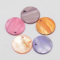 Mixed Color Dyed Natural Flat Round Shell Pendant, Mixed Color, 30x2mm, Hole: 2mm