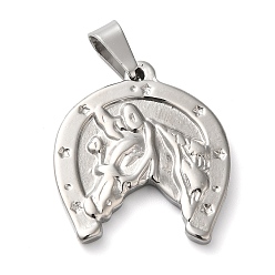 Stainless Steel Color 304 Stainless Steel Pendants, Horseshoe with Horse Charms, Stainless Steel Color, 23x22x3mm, Hole: 6.5x3mm