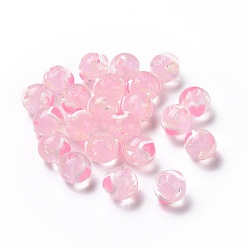 Pink Handmade Lampwork Beads, Round with Heart, Pink, 10x9mm, Hole: 1.4mm