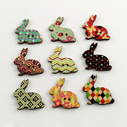 Mixed Color 2-Hole Bunny Printed Wooden Buttons, Rabbit Silhouette, Mixed Color, 30x31x2.5mm, Hole: 1.5mm