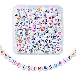 Mixed Color 200Pcs 2 Style Opaque Acrylic Beads, Flat Round with Letter & Heart, Mixed Color, 7x3.5mm, Hole: 1.2mm