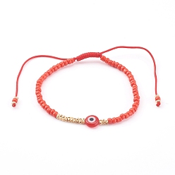 Red Adjustable Nylon Cord Braided Bead Bracelets, with Glass Seed Beads, Evil Eye Lampwork Beads and Brass Beads, Golden, Red, Inner Diameter: 1-7/8~3-3/8 inch(4.8~8.5cm)