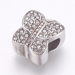 Crystal 304 Stainless Steel European Beads, Large Hole Beads, with Rhinestone, Butterfly, Crystal, 12x12x8mm, Hole: 4mm