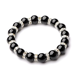 Black Stone Gemstone Stretch Bracelets, with Silver Color Plated Brass Middle East Rhinestone Beads, Gemstone, 54mm
