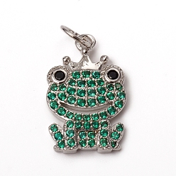Platinum Brass Micro Pave Green Cubic Zirconia Pendants, with Jump Rings, Long-Lasting Plated, Frog with Crown, Platinum, 18x11x2mm, Jump Ring: 5x0.7mm, Inner Diameter: 3.6mm