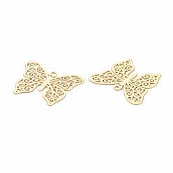 Real 18K Gold Plated Rack Plating 201 Stainless Steel Filigree Pendants, Etched Metal Embellishments, Nickel Free, Butterfly, Real 18K Gold Plated, 13.5x16.5x0.4mm, Hole: 1mm