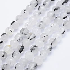 Quartz Rutilated Brins de perles de quartz tourmalinés naturels, ronde, 6mm, Trou: 1mm, Environ 67 pcs/chapelet, 15.7 pouce (40 cm)